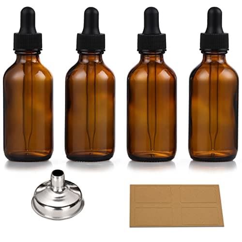 Amber Glass Dropper Bottles, 4 × 1 oz (funnel and labels included)